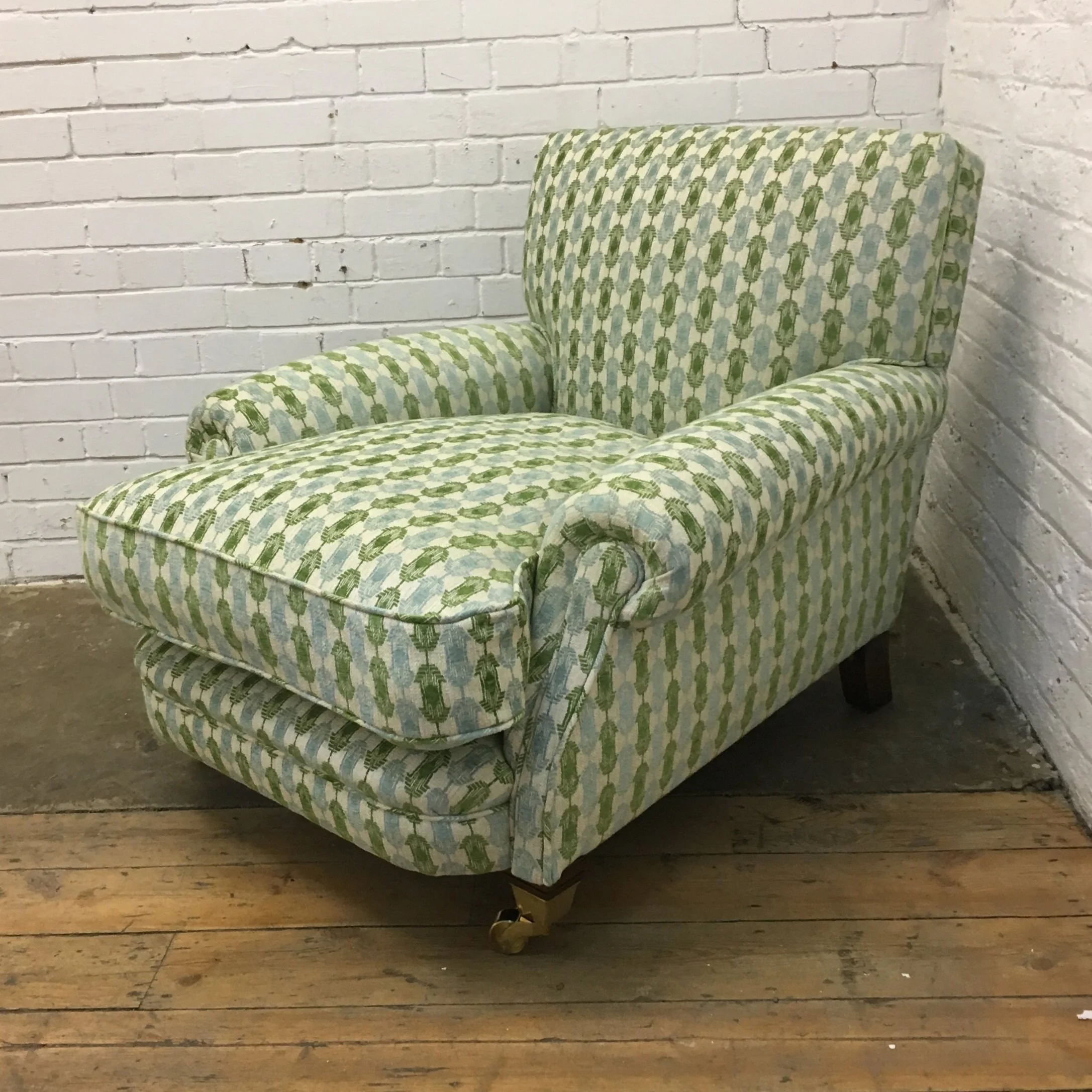 patterned-fabric-armchair-reupholstery